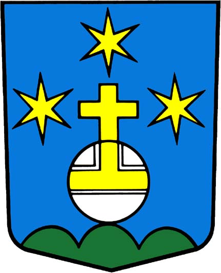 In Blau, auf grünem Dreiberg, ein goldenbereifter silberner Reichsapfel, besteckt mit goldenem Kreuz und oben, rechts und links begleitet von je einem sechsstrahligen goldenen Stern