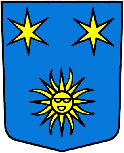 In Blau eine gebildete, strahlende goldene Sonne, überhöht von 2 sechsstrahligen goldenen Sternen