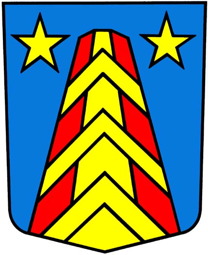 D’azur a un cône tronqué, tiercé palé de gueules, d’or et de gueules, chargé de 3 chevrons d’or, accompagné en chef de 2 étoiles a 5 rais d’or