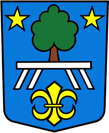 In Blau ein aus einer sitzbankähnlichen silbernen Hausmarke wachsender grüner Baum, begleitet von 2 fünfstrahligen goldenen Sternen in den Oberecken und von einer goldenen Lilie im Schildfuss