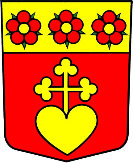 De gueules a une croix tréflée d’or issant d’u coeur du meme, au chef d’or chargé de 3 roses de gueules, boutonnées d’or et barbées de sinople