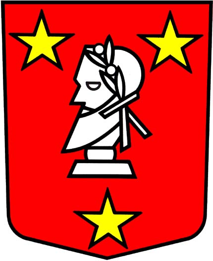 In Rot, auf silbernem Sockel, ein bärtiger, mit Lorbeer gekrönter silberner antiker Kopf, begleitet von 3 fünfstrahligen goldenen Sternen (2 im Schildhaupt, einer im Schildfuss).