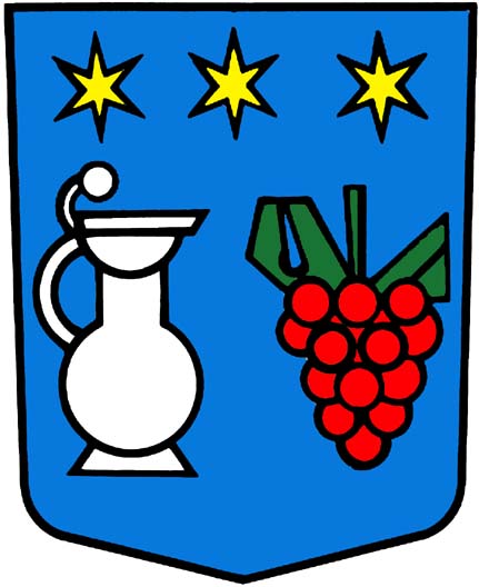 D’azur a une channe d’argent a dextre, tournée vers une grappe de raisin de gueules, tigée et feuilllée de sinople, l’ensemble surmonté de 3 étoiles a  6 rais d’or en chef.
