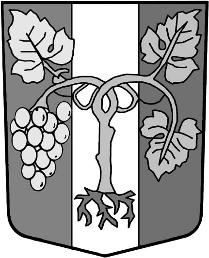 Zweimalgespalten von Blau, Silber und Rot, überdeckt von einem bewurzelten Rebstock in natürlichen Farben, von dem rechts eine goldene Traube herabhängt