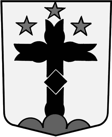 In Gold, auf grünem Dreiberg, ein ausgebauchtes schwarzes Hochkreuz mit gespreizten Enden (der längere Balken verziert mit einem Kantenwürfel) im Schildhaupt begleitet von 3 fünfstrahligen roten Sternen (1, 2).