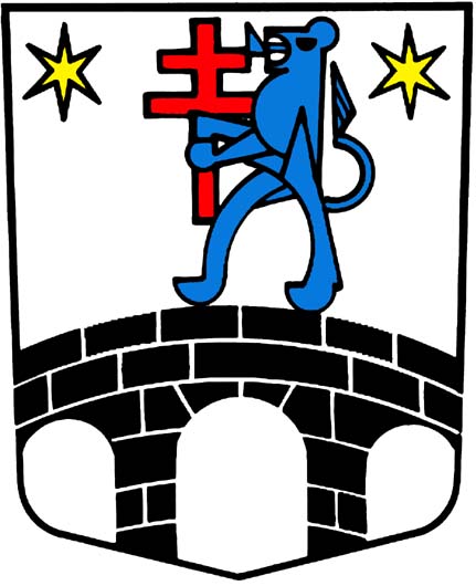 In Silber, auf einer schwarzen Bogenbrücke mit 2 Pfeilern, ein blauer Löwe, in seinen Vorderpranken ein rotes Patriarchenkreuz haltend und begleitet von 2 sechsstrahligen goldenen Sternen in den Oberecken