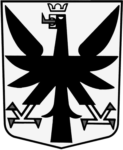 In Gold ein goldengekrönter schwarzer Adler mit goldenem Schnabel, roter Zunge, goldenen Beinen und roten Krallen