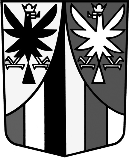 Durch eine von Rot, Silber, Schwarz, Gold, Blau und Silber fünfmal gespaltene eingebogene Spitze gespalten, rechts in Gold ein nach links gewendeter goldenkrönter schwarzer Adler, links in Blau ein nach rechts gewendeter goldengekrönter silberner Adler